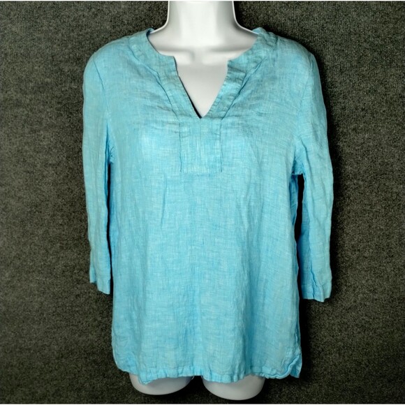 Chico's Aqua Linen Top Size US 4 XS 3/4 Sleeve Resort Cruise Beachy Coastal - Picture 1 of 10